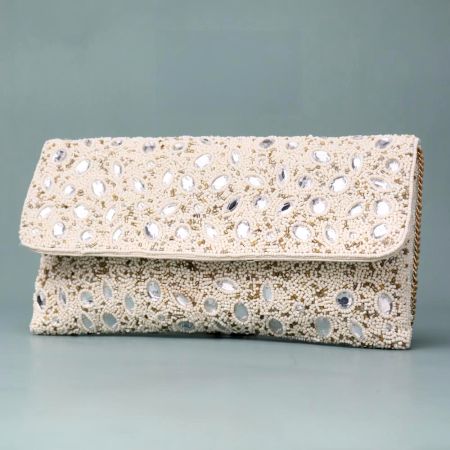 Celestial Spark Hand-Embroidered Clutch with Mirror Beads and Chain Strap