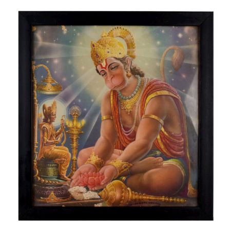 Lord Hanuman Offering Lotus to Lord Rama Devotional Calendar Art Print