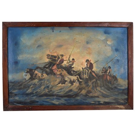 Riders Driving Cattle Through Water Action Scene Oil Painting on Hardboard