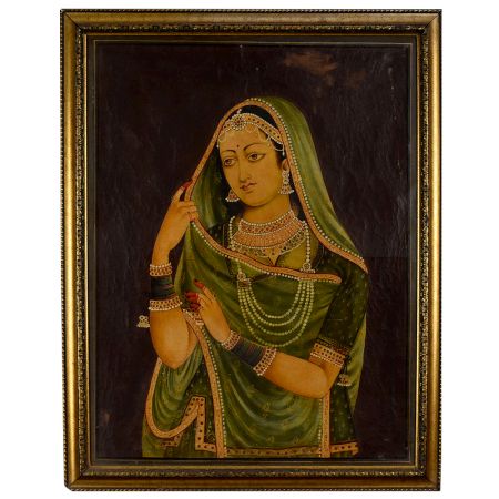 Traditional Indian Woman Portrait in Green Saree Canvas Oil Painting