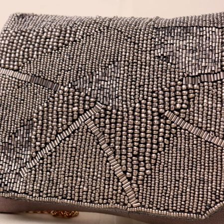 Grey Hand-Beaded Evening Clutch – Metallic Geometric Party Sling Bag