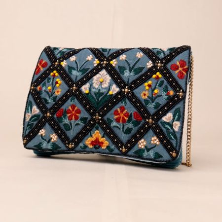 Hand-Embroidered Floral Sling Bag – Velvet Diamond Pattern Clutch with Chain Strap
