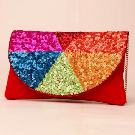 Rainbow Mosaic Hand-Sequined Sling Clutch in Red Base