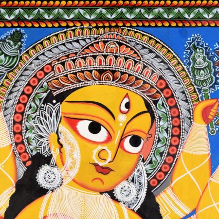 Kalighat Pattachitra Painting Cloth Artwork of Goddess Durga for Wall Decor