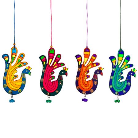 Handmade Wooden Peacock Wall Hanging - Blue-Green, Yellow-Blue, Orange-Purple, Pink-Green