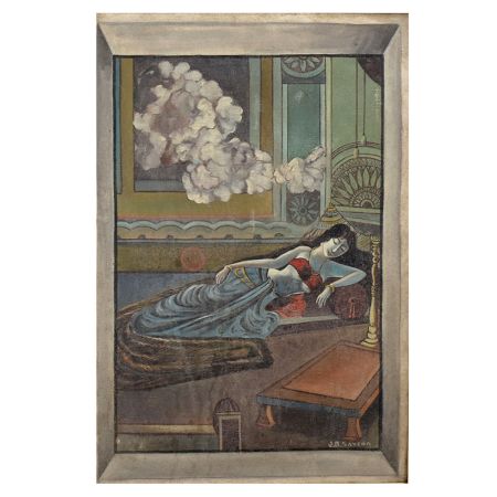 Vintage Oil Painting on Hardboard by JB Saxena Reclining Woman in Ornate Interior