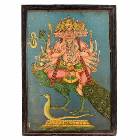 Paper Print on Hardboard of Lord Kartikeya on Peacock
