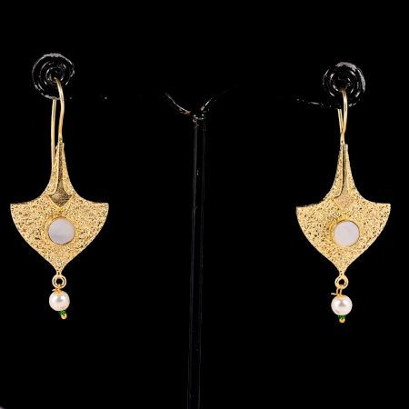 Brass 22k Gold Plated Fan Shaped Dangle Earrings with Mother of Pearl Gemstone