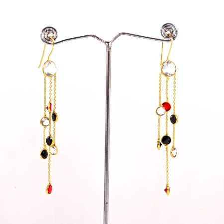 Brass 22k Gold Plated Chain Dangle Earrings with Colorful CZ Stones