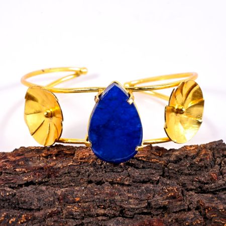 Handmade Brass Designer Bracelet with Blue Agate Gemstone for Women