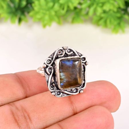 Handmade Oxidized Ring with Labradorite Gemstone for Women