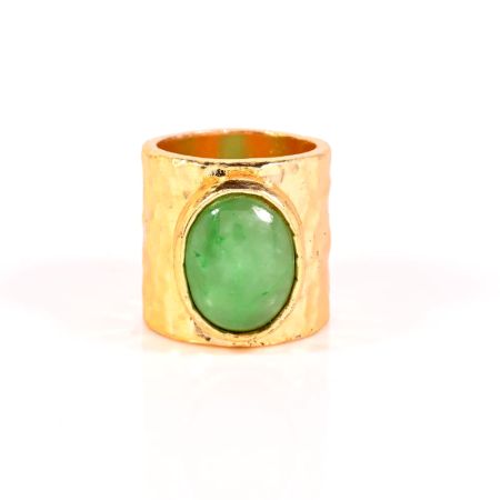Handmade Brass Hammered Ring with Green Jade Gemstone for Women 22k Gold Plated