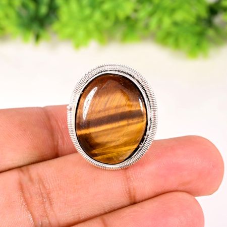 Handmade Oxidized Ring with Oval Tiger Eye Gemstone for Women