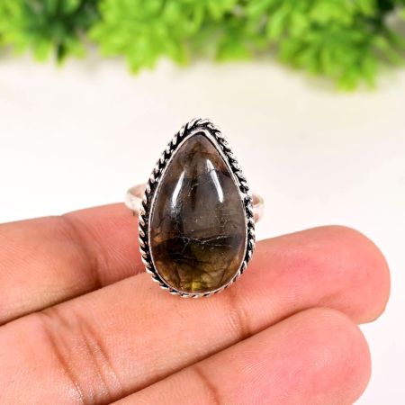 Handmade Silver Plated Ring with Pear Shaped Labradorite Gemstone for Women