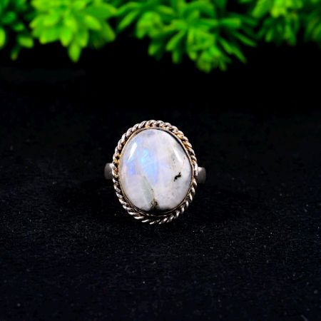 Handmade Brass Oxidized Ring with Rainbow Moonstone for Women