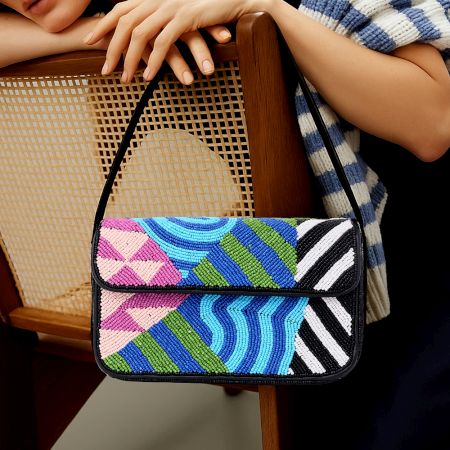 Luxury Handmade Colorful Beaded Shoulder Bag – Geometric Abstract Pattern Purse