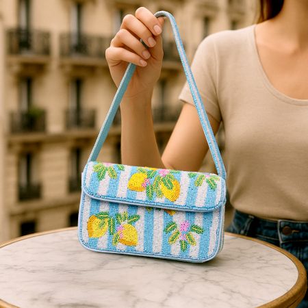 Luxury Handmade Beaded Shoulder Bag – Lemon Fruit Pattern on Blue Stripes