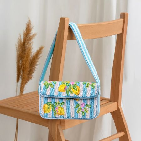 Luxury Handmade Beaded Shoulder Bag – Lemon Fruit Pattern on Blue Stripes