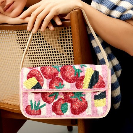Luxury Colorful Beaded Shoulder Bag – Pink Strawberry Design Handcrafted Evening Purse