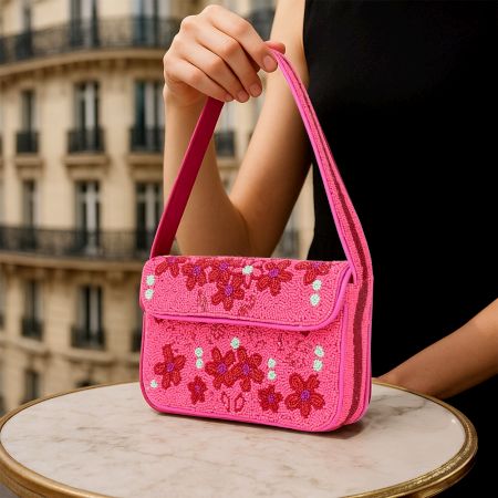 Luxury Handmade Beaded Shoulder Bag – Hot Pink with Red Floral Design