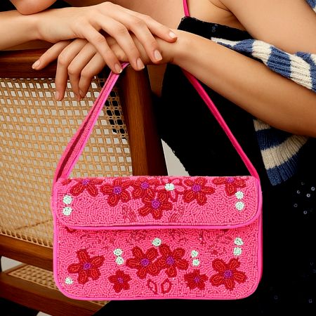 Luxury Handmade Beaded Shoulder Bag – Hot Pink with Red Floral Design