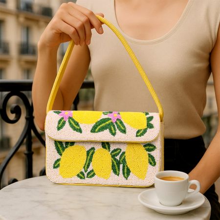 Handmade Beaded Shoulder Bag – Lemon Fruit Design, Summer Tote Purse for Women