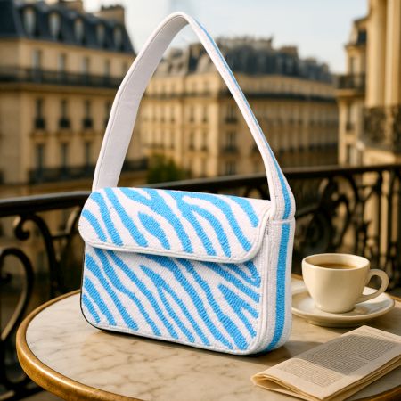Luxury Handmade Beaded Shoulder Bag – Blue & White Zebra Pattern Designer Purse for Women