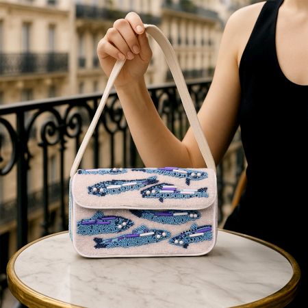 Handmade Beaded Shoulder Bag – White & Blue Fish Pattern with Embroidery Detailing