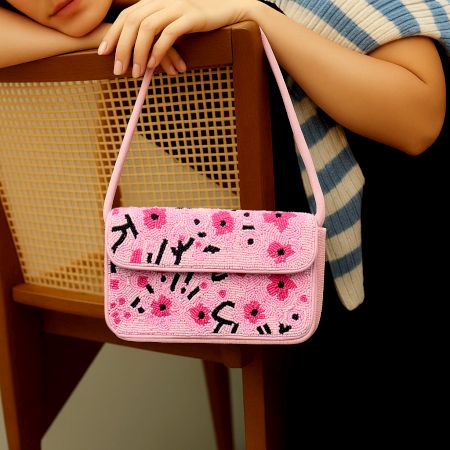 Handmade Pink Beaded Shoulder Bag with Floral Embroidery – Stylish Women’s Purse