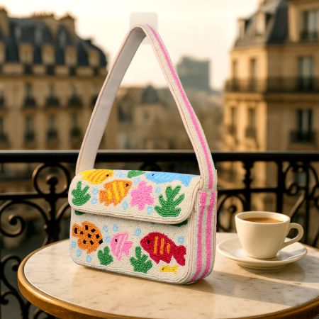 Handmade Beaded Shoulder Bag with Colorful Fish & Coral Reef Design – Summer Beach Style