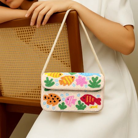 Handmade Beaded Shoulder Bag with Colorful Fish & Coral Reef Design – Summer Beach Style