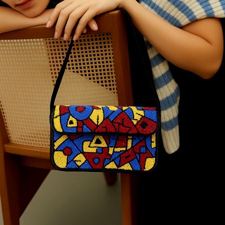Handmade Beaded Shoulder Bag – Multicolor Geometric Pattern | Black Strap Women’s Handbag