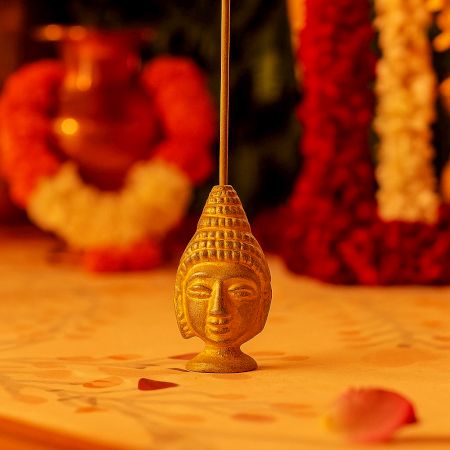 Golden Brass Buddha Face Agarbatti Holder Stand