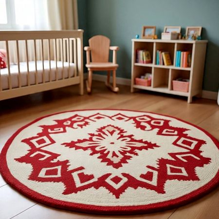 Handtufted Crimson Folk Motif Rug