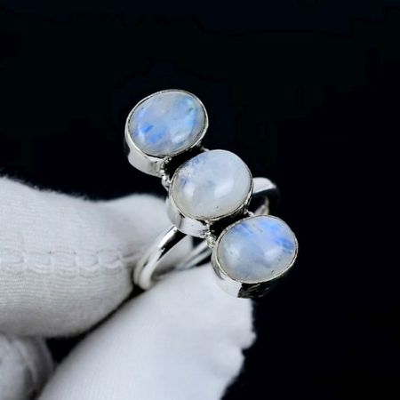 Three Moonstone 925 Sterling Silver Ring Handmade Boho Jewelry