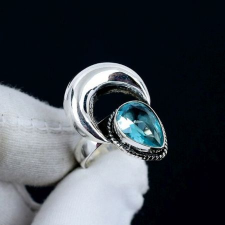 Blue Topaz Moon 925 Sterling Silver Ring Handmade Boho Jewelry