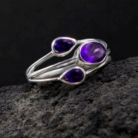 Three Amethyst 925 Sterling Silver Ring Handmade Boho Jewelry