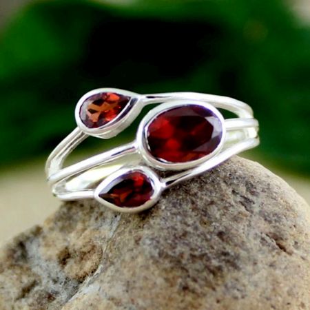 Handmade Three Red Garnet Ring 925 Sterling Silver Boho Jewelry