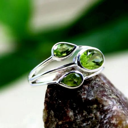 Three Green Peridot 925 Sterling Silver Ring Handmade Boho Jewelry