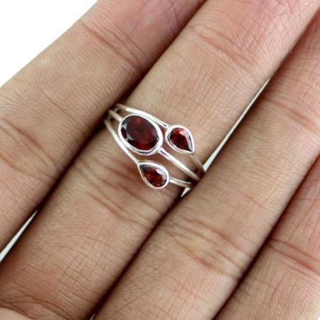 Three Red Garnet 925 Sterling Silver Ring Handmade Boho Jewelry