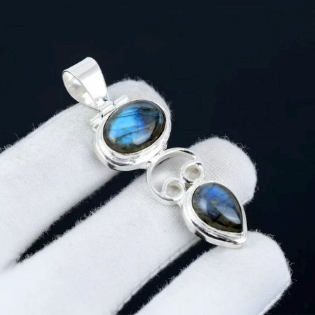 Two Labradorite Stone 925 Sterling Silver Pendant Handmade Boho Jewelry