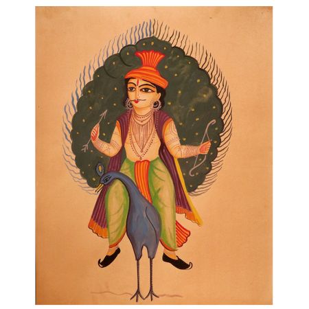 Vintage Paper Painting of Hindu God Sitting on Peacock