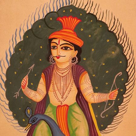 Vintage Paper Painting of Hindu God Sitting on Peacock