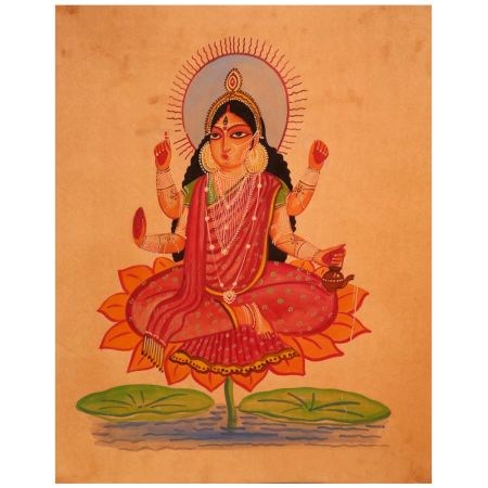 Goddess Lakshmi Sitting on Lotus Flower Paper Painting