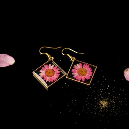Pressed Pink Flower Square Resin Earrings