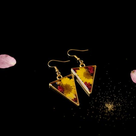 Pressed Sunflower Triangle Resin Earrings