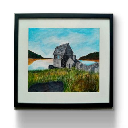 Handpainted Rustic Lakeside Cottage Amid Rolling Hills