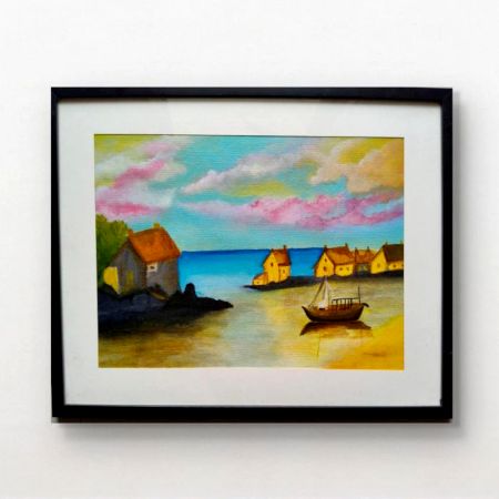 Handpainted Sunny Coastal Village Landscape with Boats