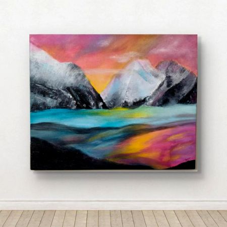 Handpainted Snowy Peaks Reflecting Vibrant Sunrise Colors