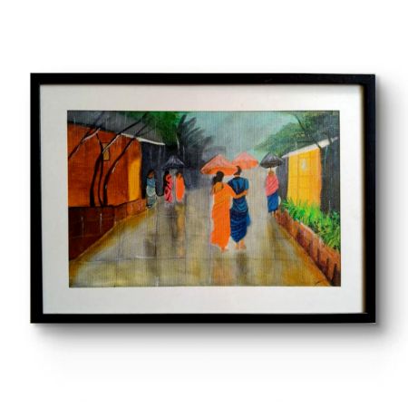 Handpainted Rainy Street Stroll with Colorful Umbrellas